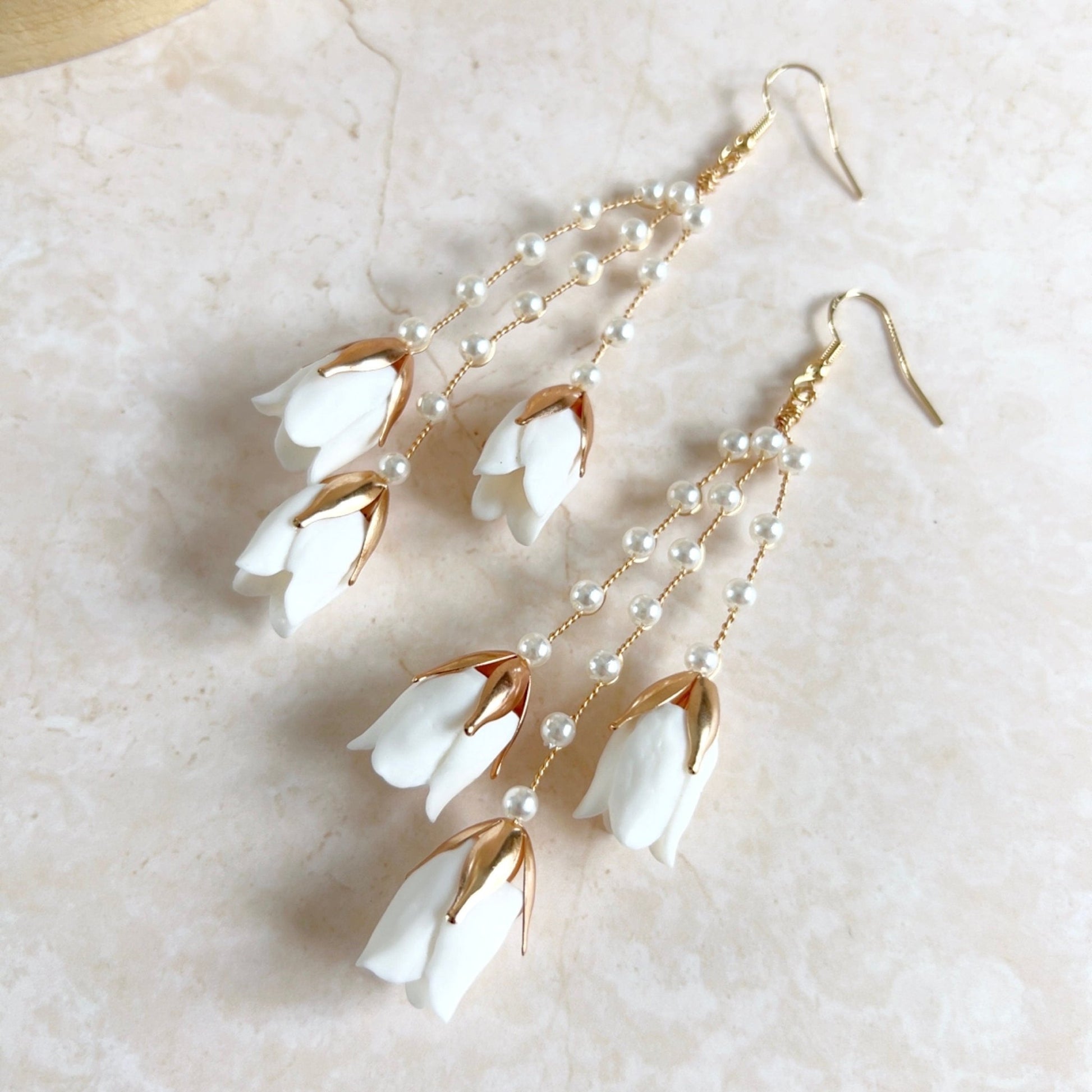 Long White flower bridal earrings - Petal & Pearl