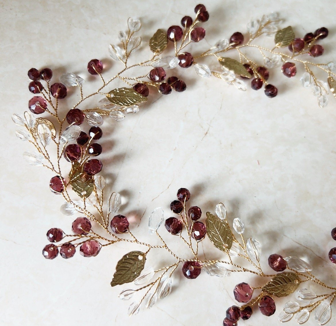 Mauve crystal and gold leaf bridal hair vine - Petal & Pearl