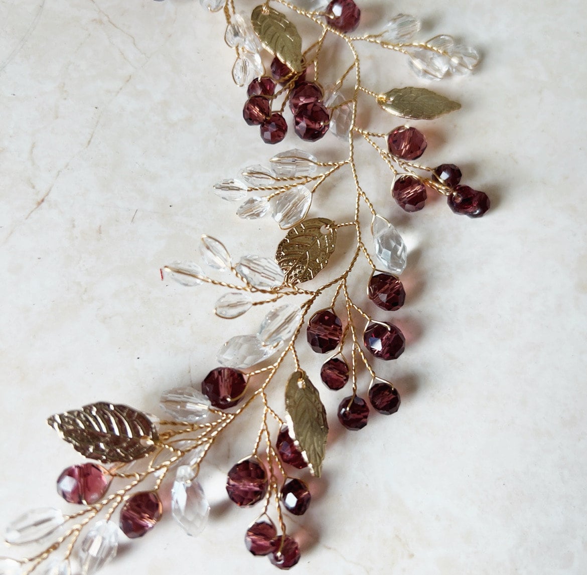 Mauve crystal and gold leaf bridal hair vine - Petal & Pearl