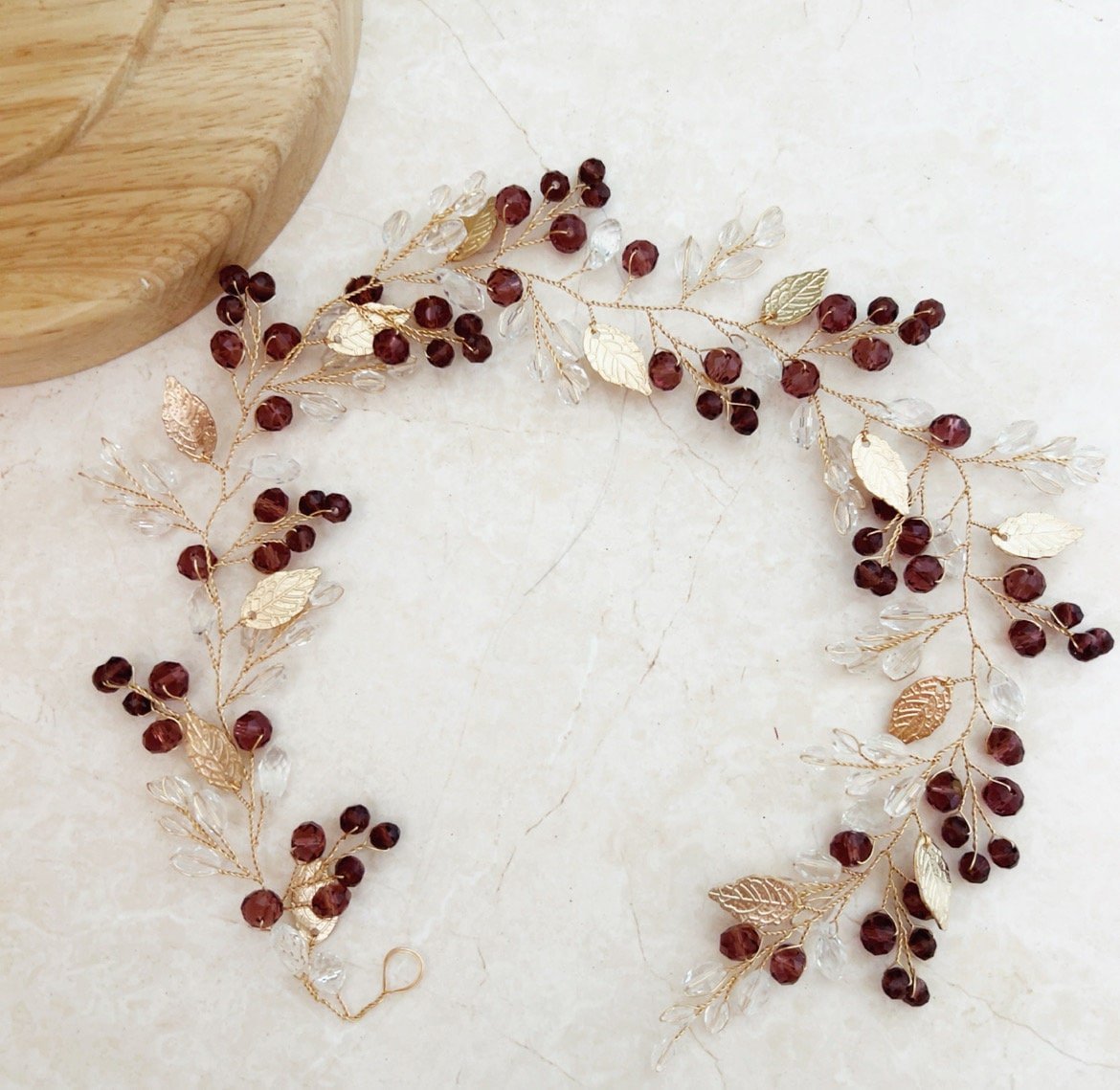 Mauve crystal and gold leaf bridal hair vine - Petal & Pearl