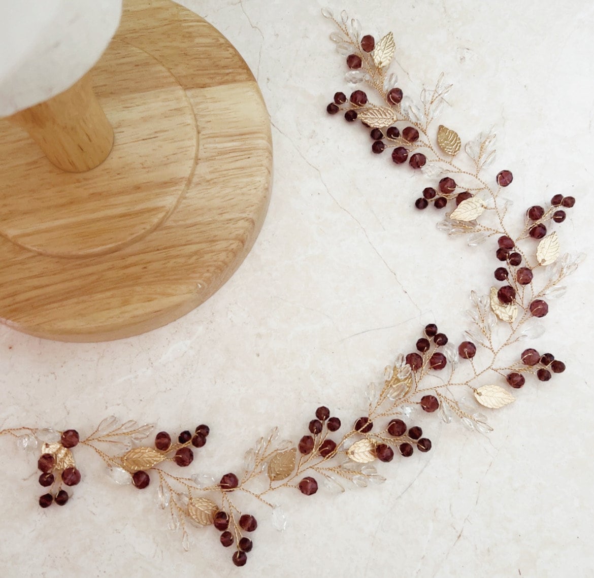 Mauve crystal and gold leaf bridal hair vine - Petal & Pearl