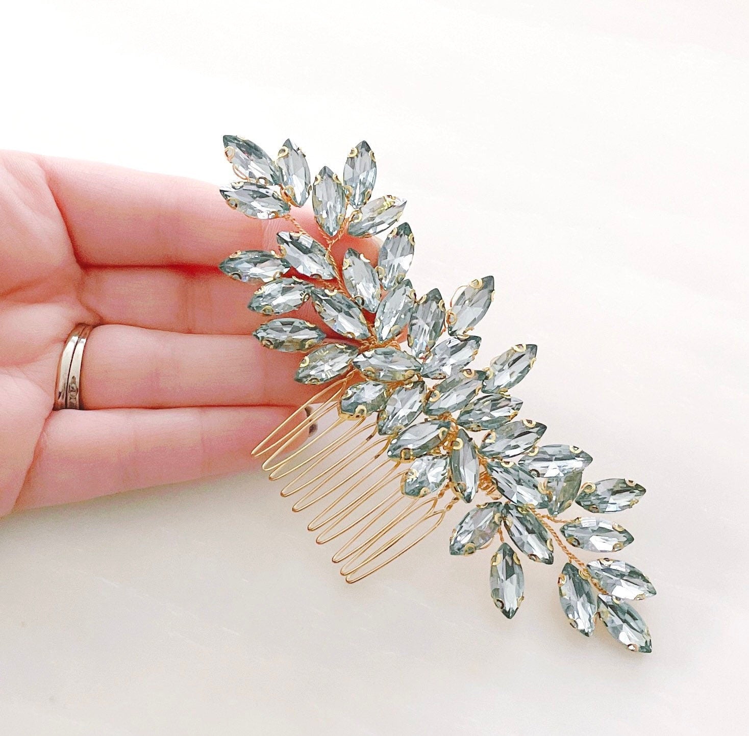 mint green crystal hair comb - Petal & Pearl