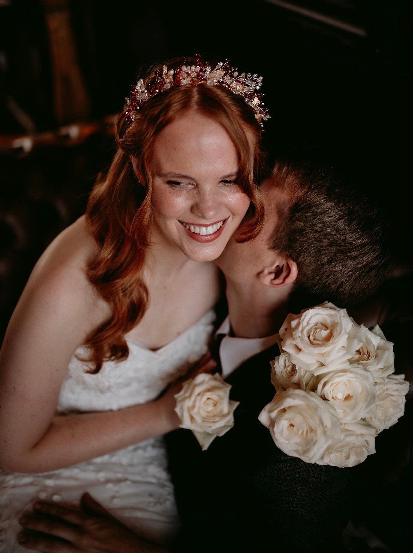 Red and gold bridal and occasion headpiece - Petal & Pearl