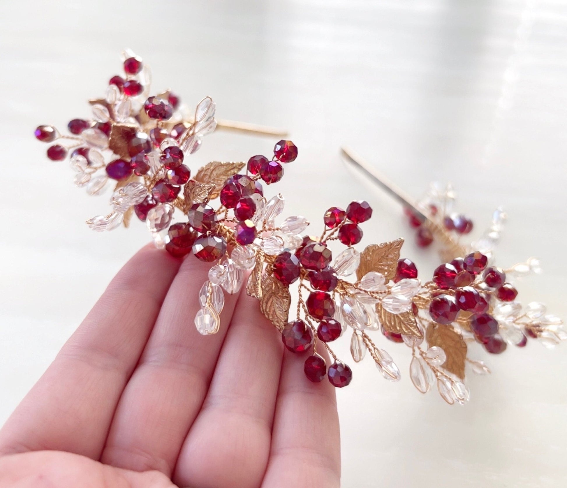 Red and gold bridal and occasion headpiece - Petal & Pearl