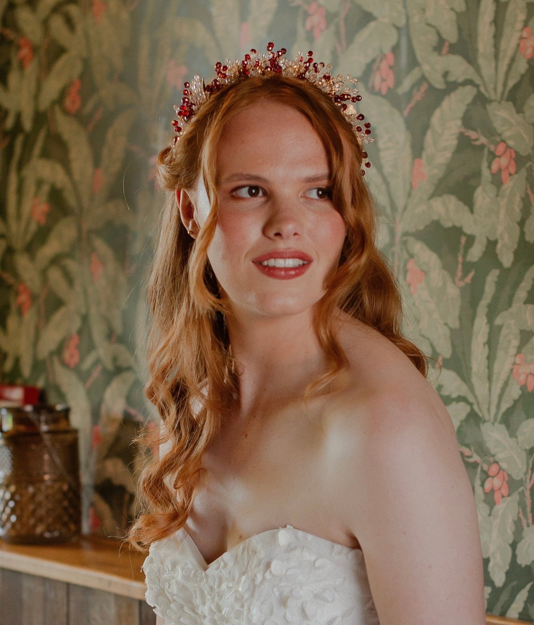 Red and gold bridal and occasion headpiece - Petal & Pearl