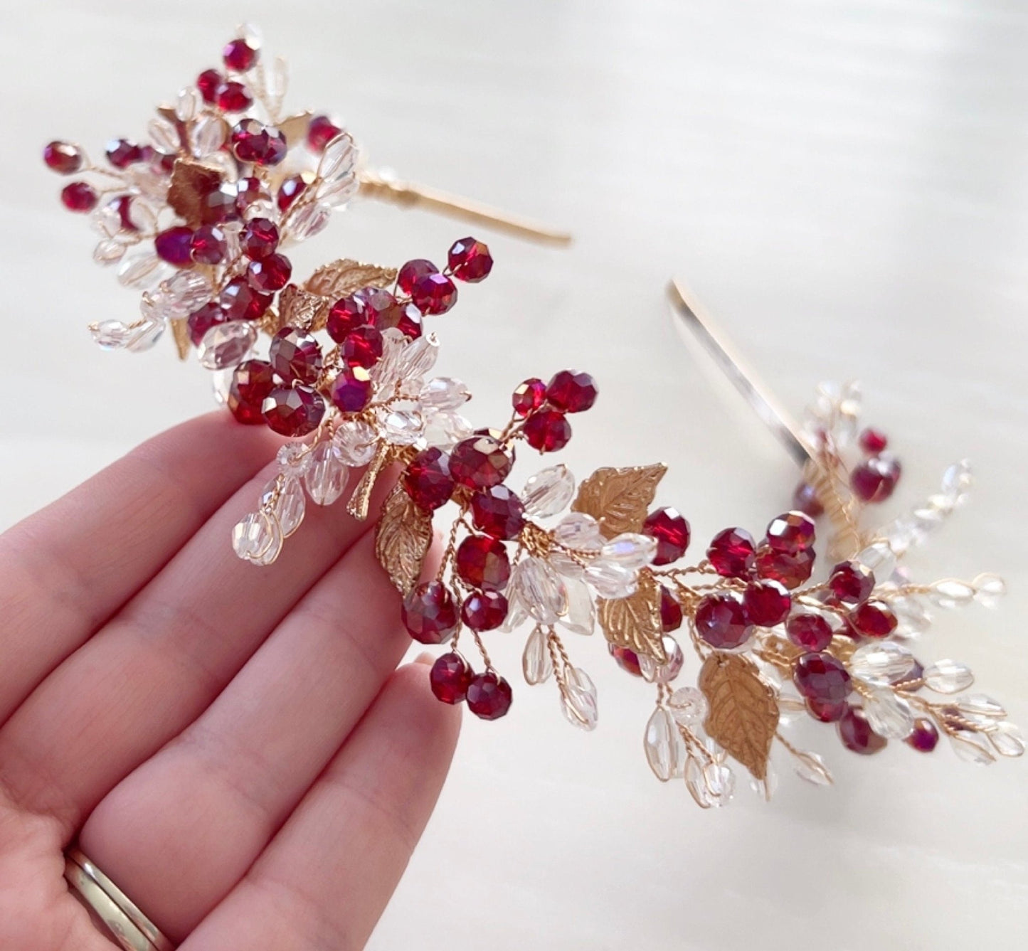 Red and gold bridal and occasion headpiece - Petal & Pearl