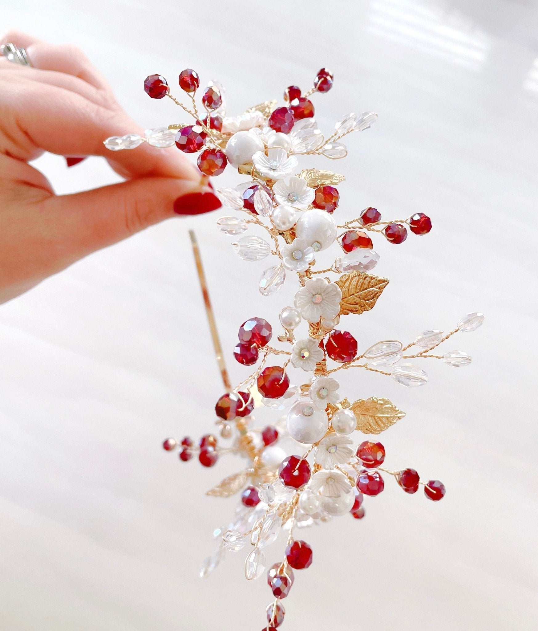 Red and silver headpiece - Petal & Pearl