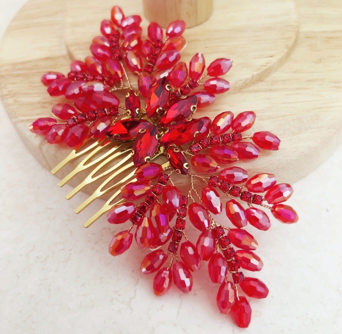 Red bow crystal hair comb - Petal & Pearl