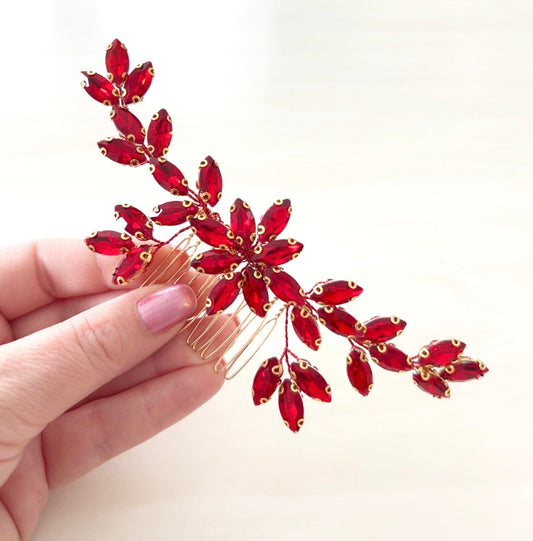 Red crystal decorative hair comb - Petal & Pearl