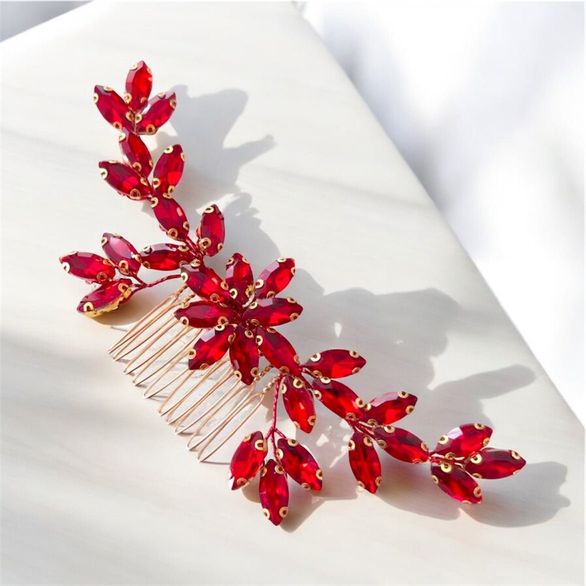 Red crystal decorative hair comb - Petal & Pearl