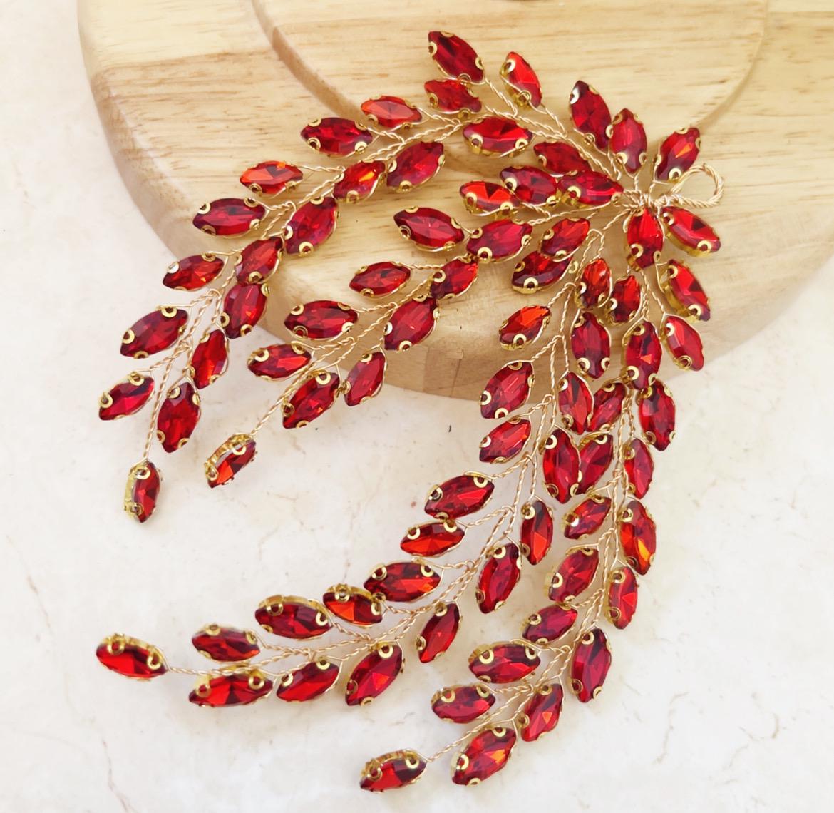 Red Crystal leaf headpiece - Petal & Pearl