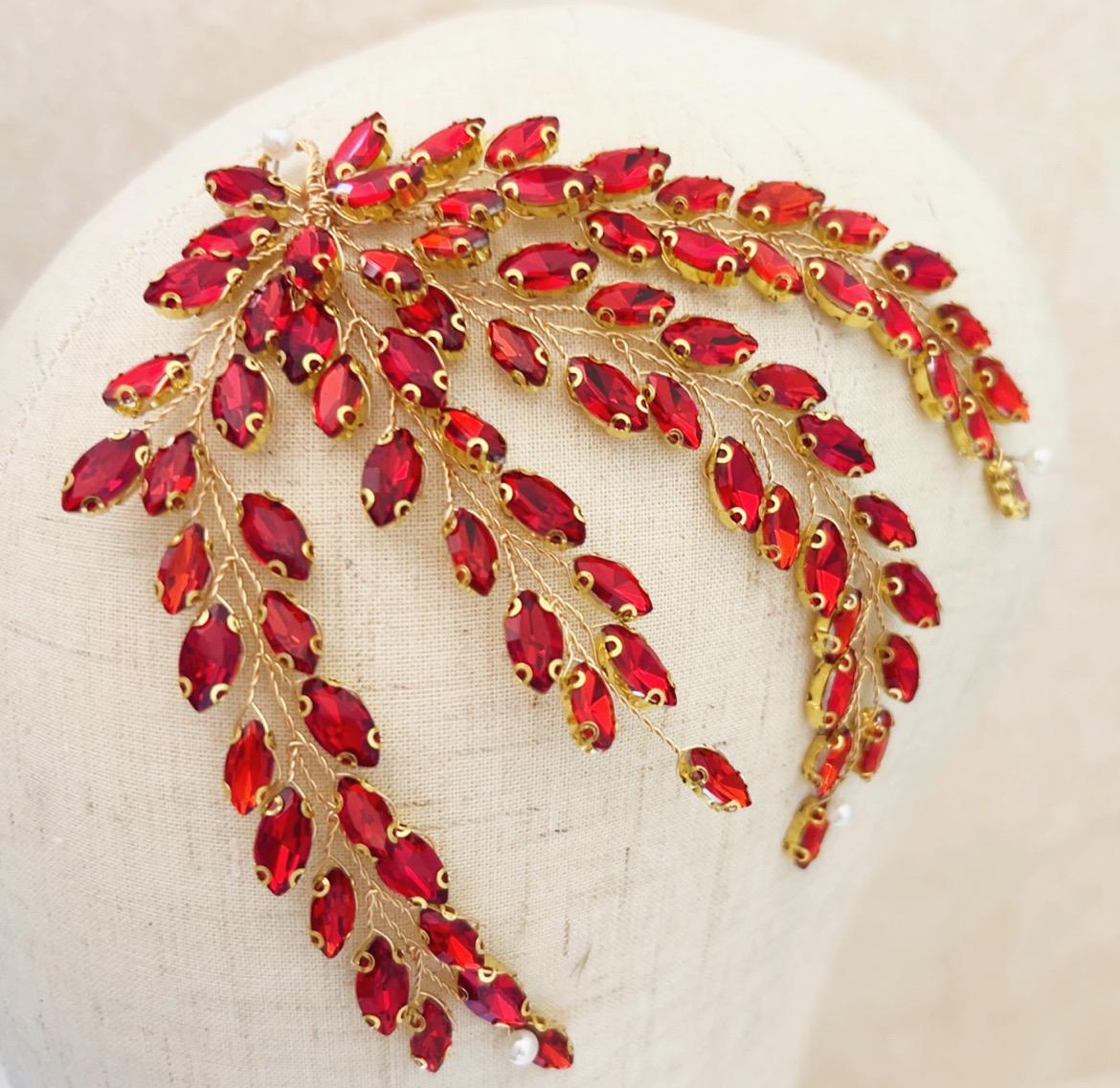 Red Crystal leaf headpiece - Petal & Pearl