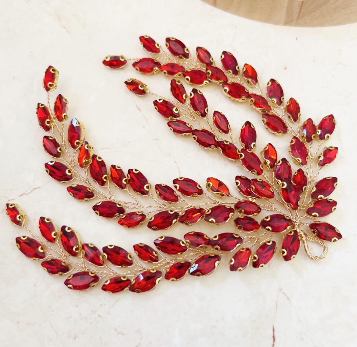 Red Crystal leaf headpiece - Petal & Pearl