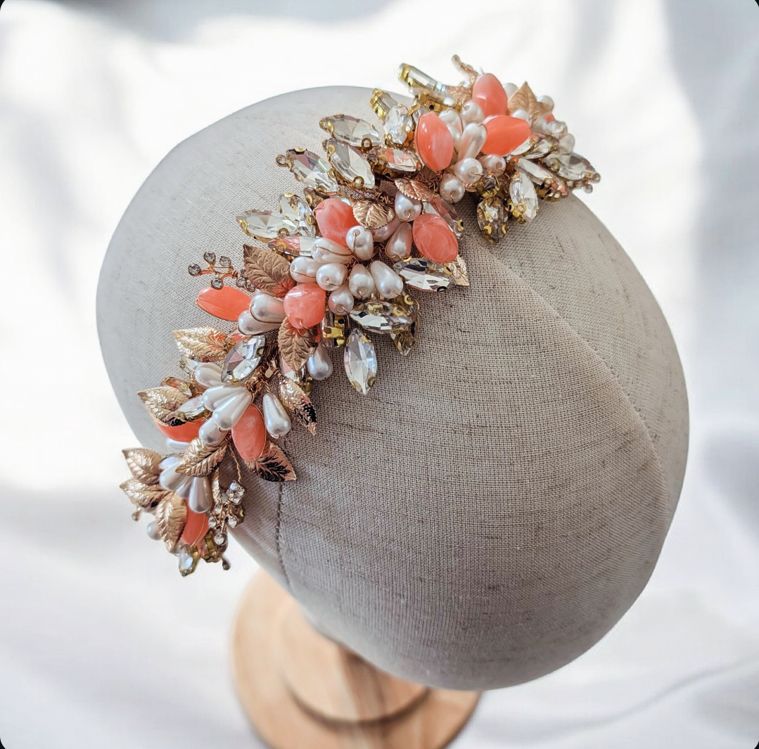 Gold Bridal Headband with Peach Accents