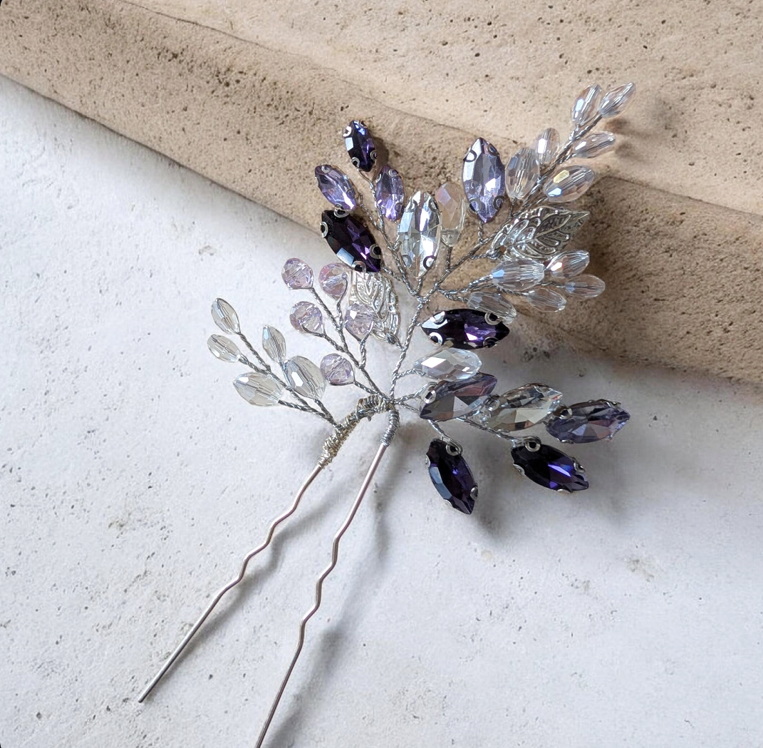 Silver Leaf Hair Pin with Lilac & Purple Crystals