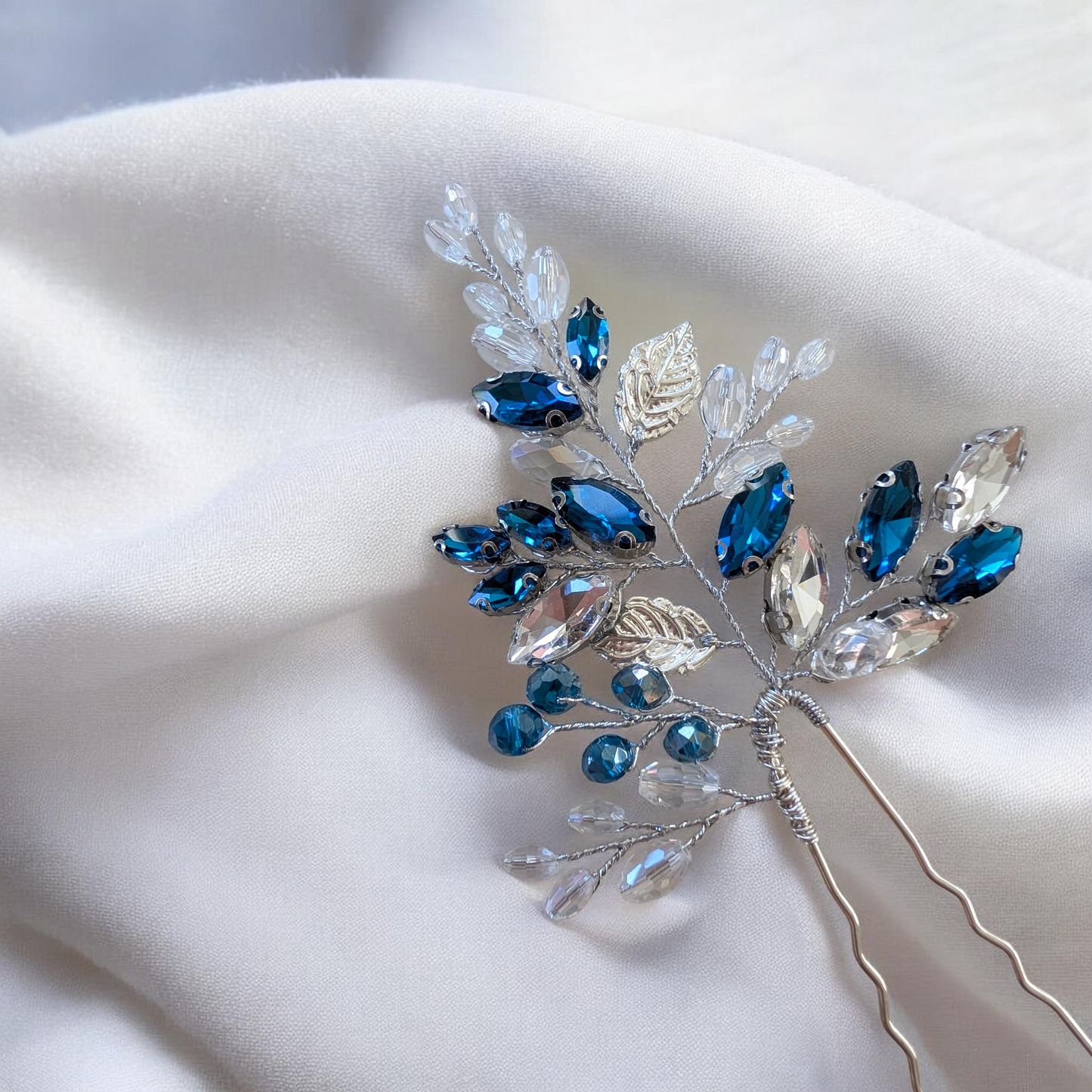 Teal Crystal Hair Pin with silver leaves