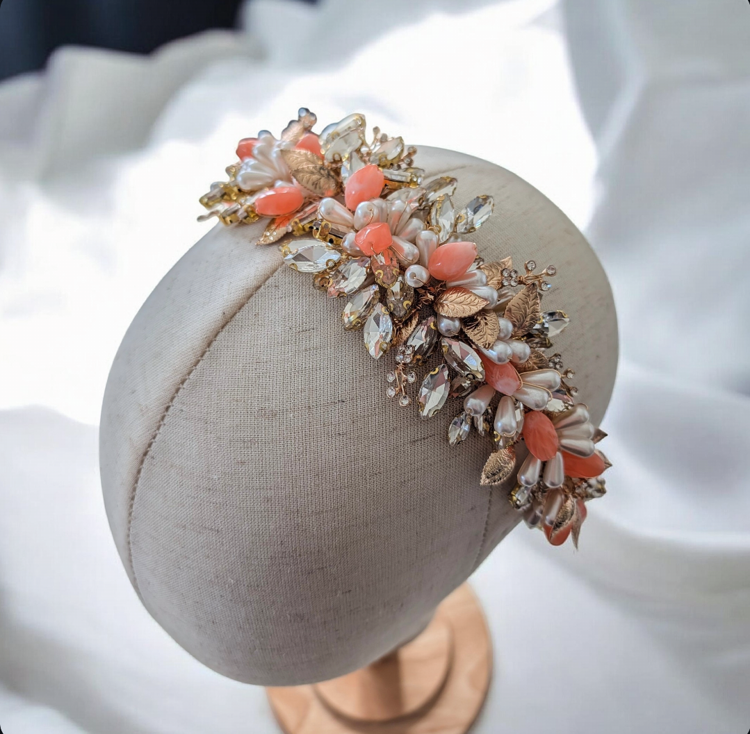 Gold Bridal Headband with Peach Accents