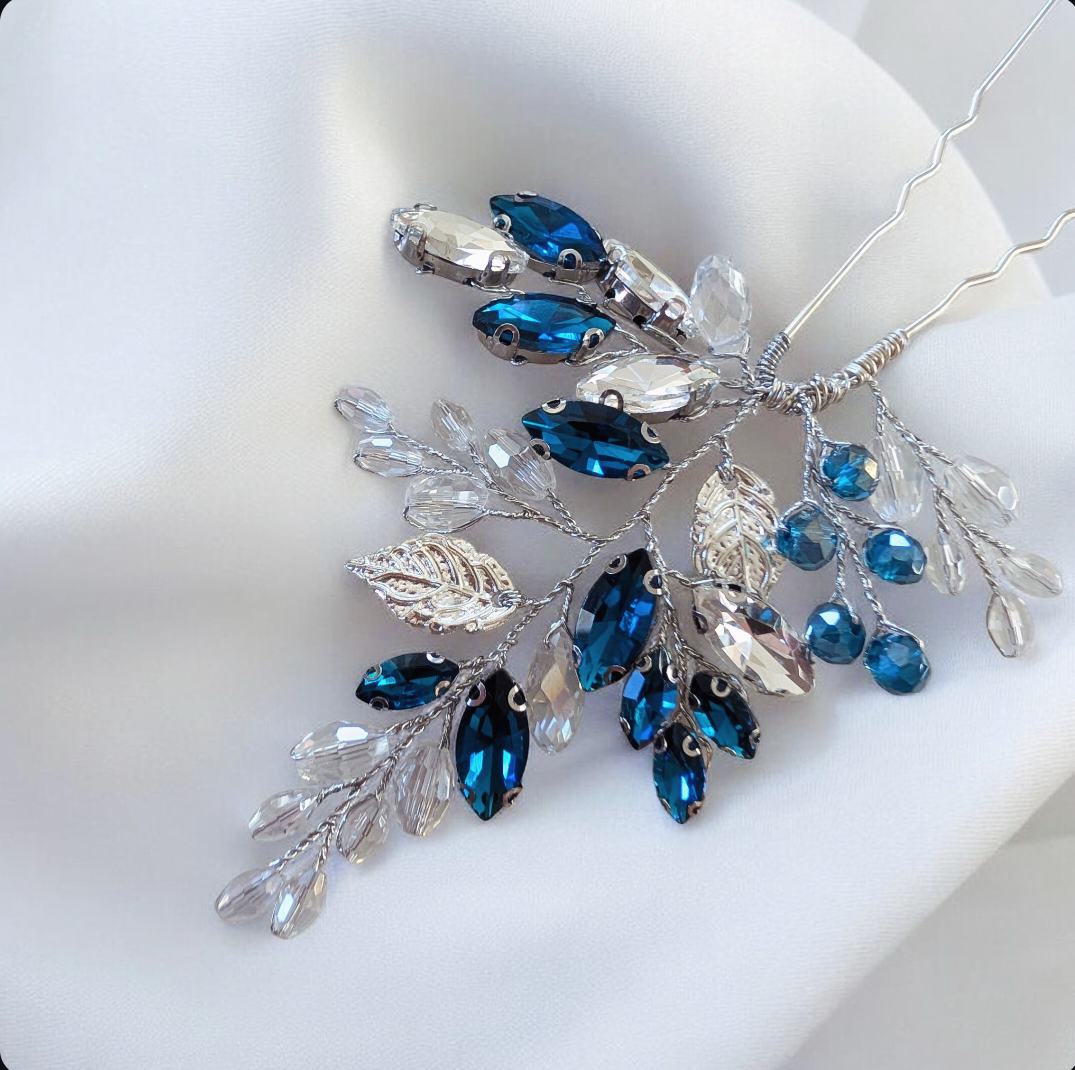 Teal Crystal Hair Pin with silver leaves
