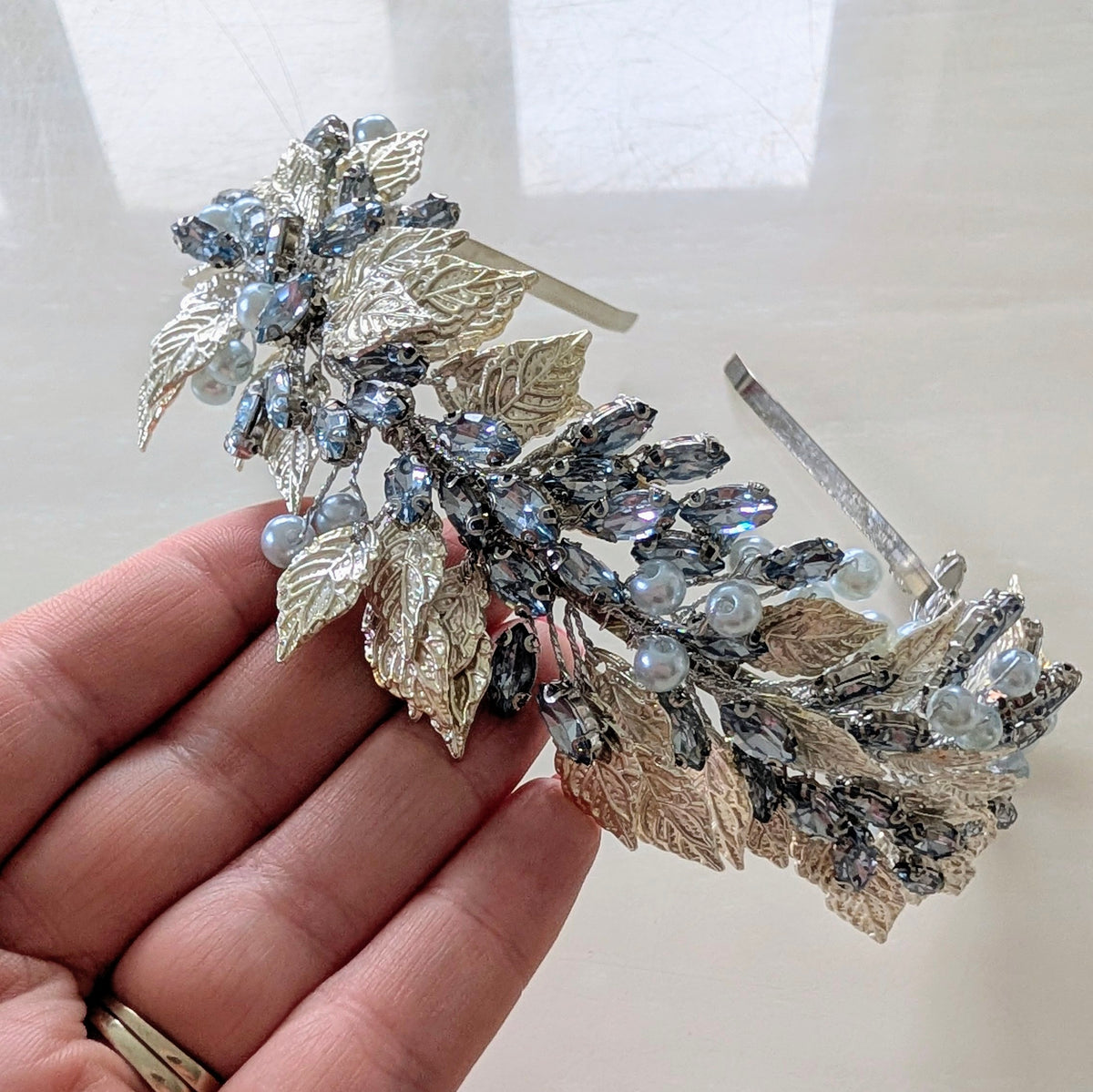 Pale Blue Crystal & Pearl Bridal Headband with Silver Leaves