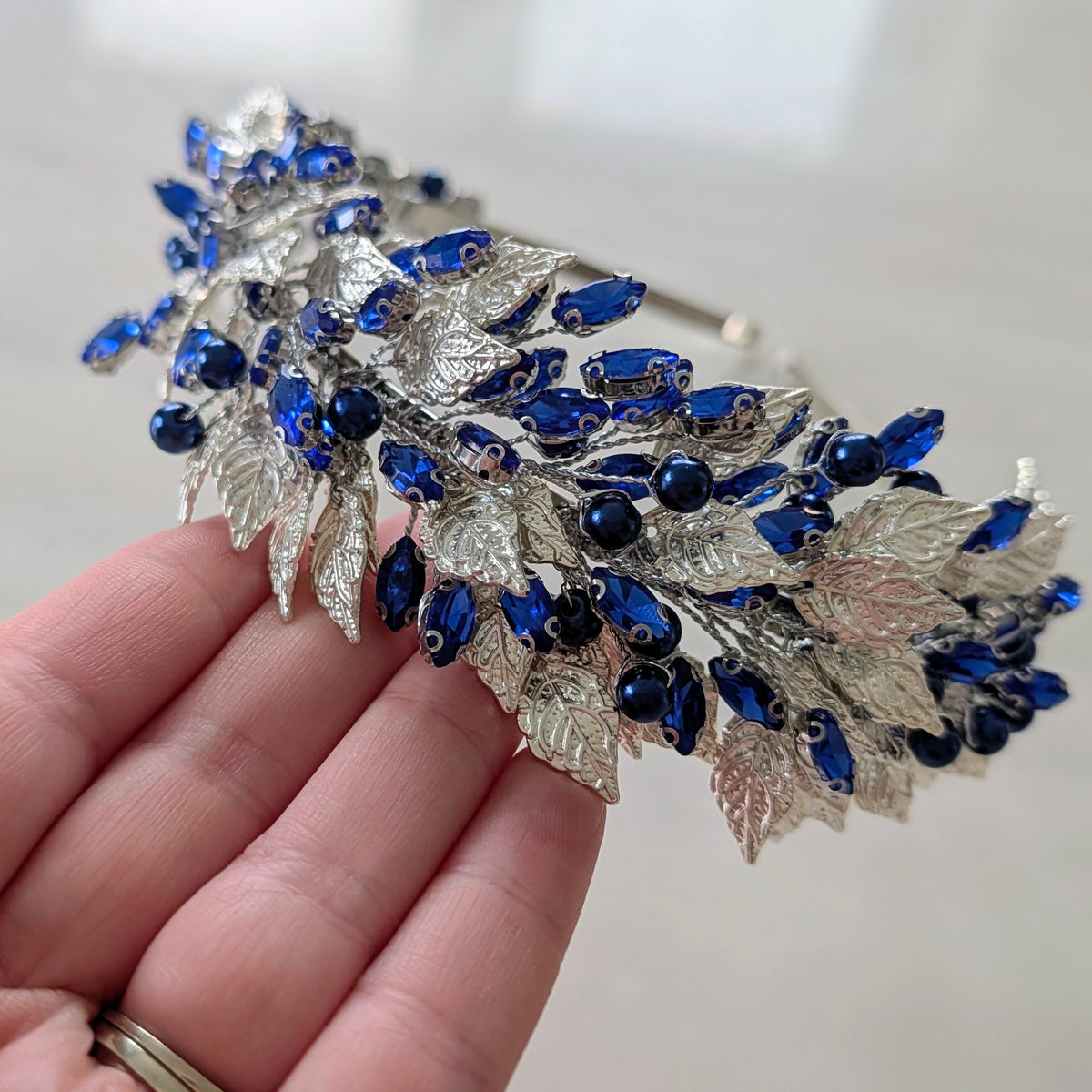 Silver leaf and blue crystal headband