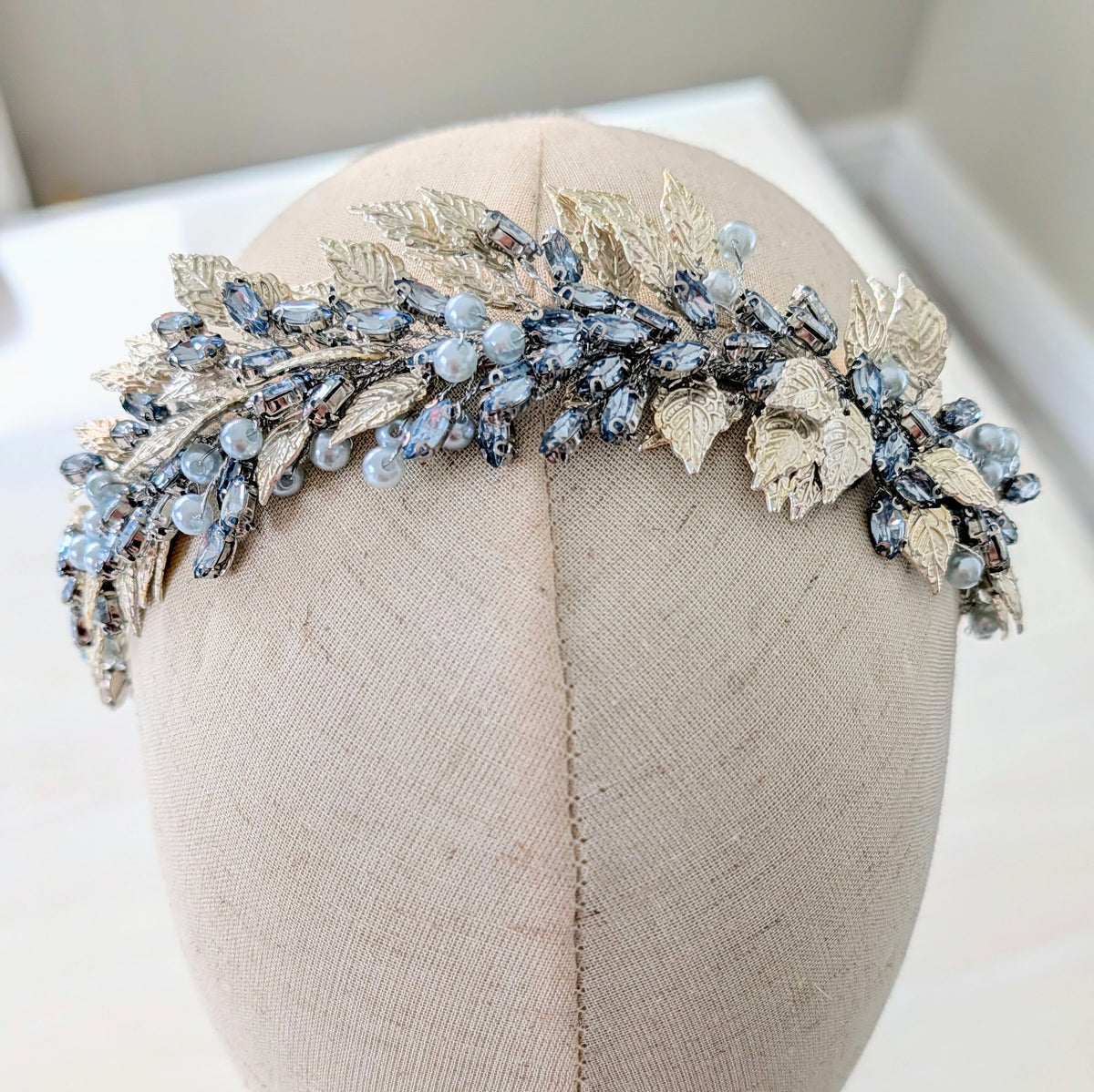 Pale Blue Crystal & Pearl Bridal Headband with Silver Leaves