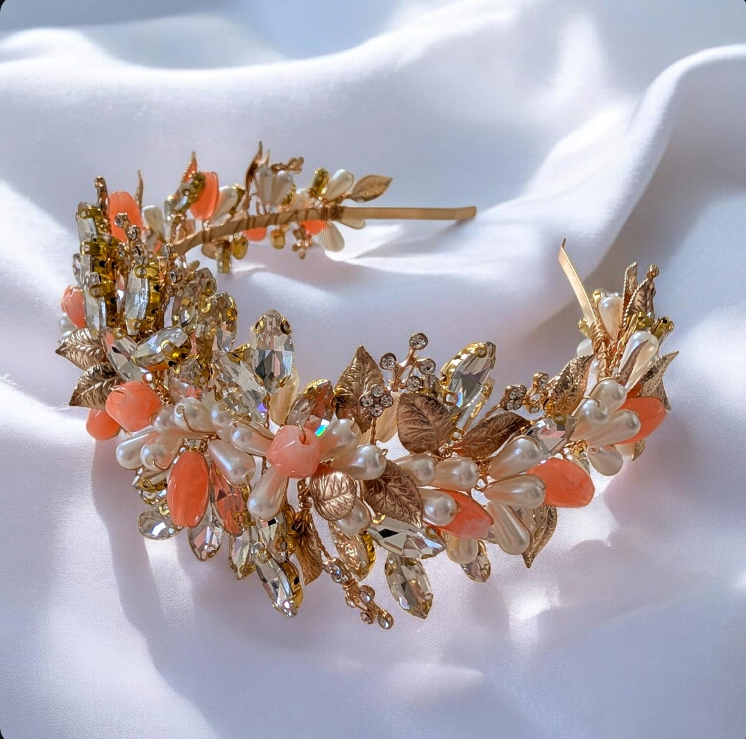 Gold Bridal Headband with Peach Accents