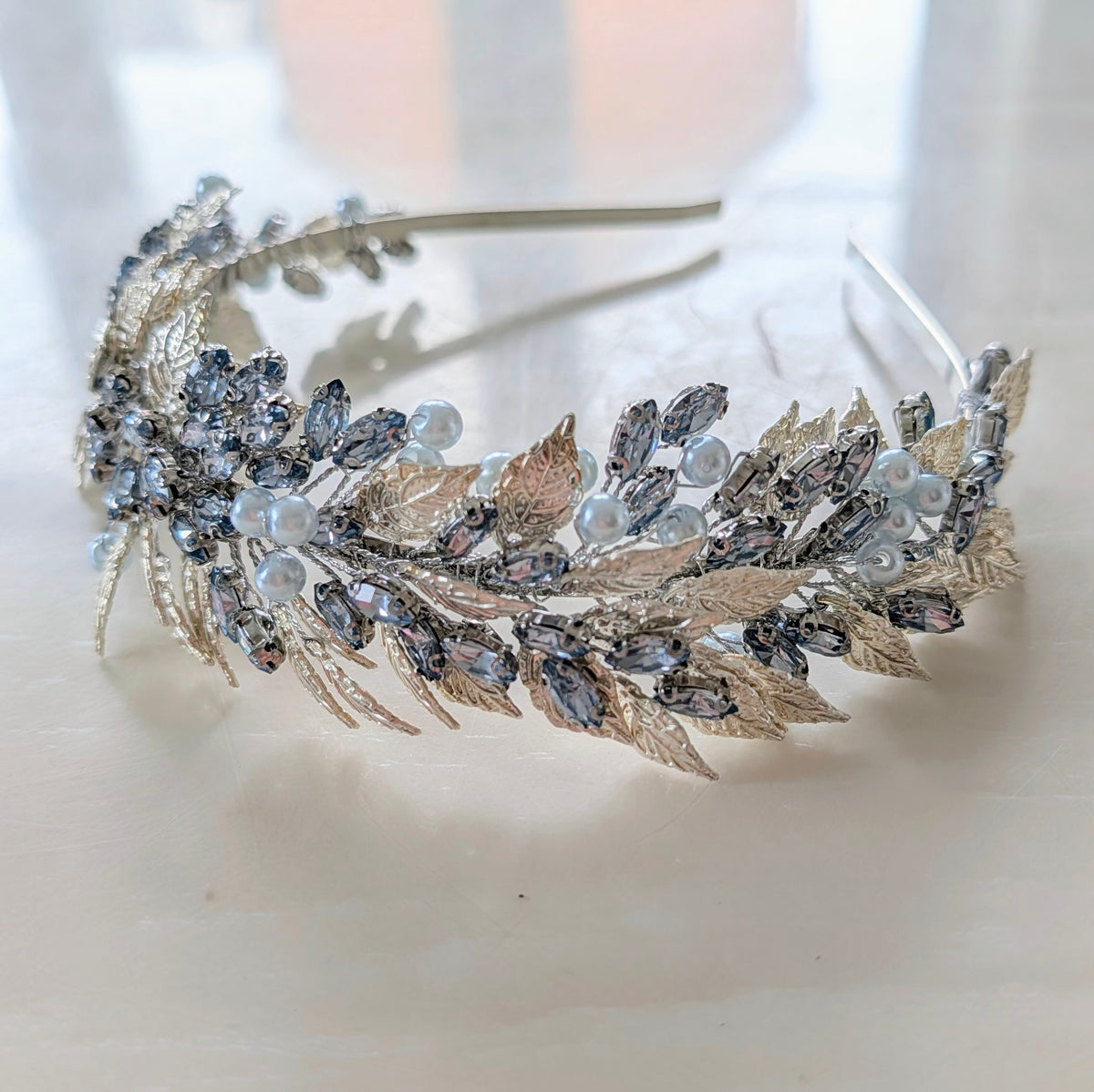 Pale Blue Crystal & Pearl Bridal Headband with Silver Leaves