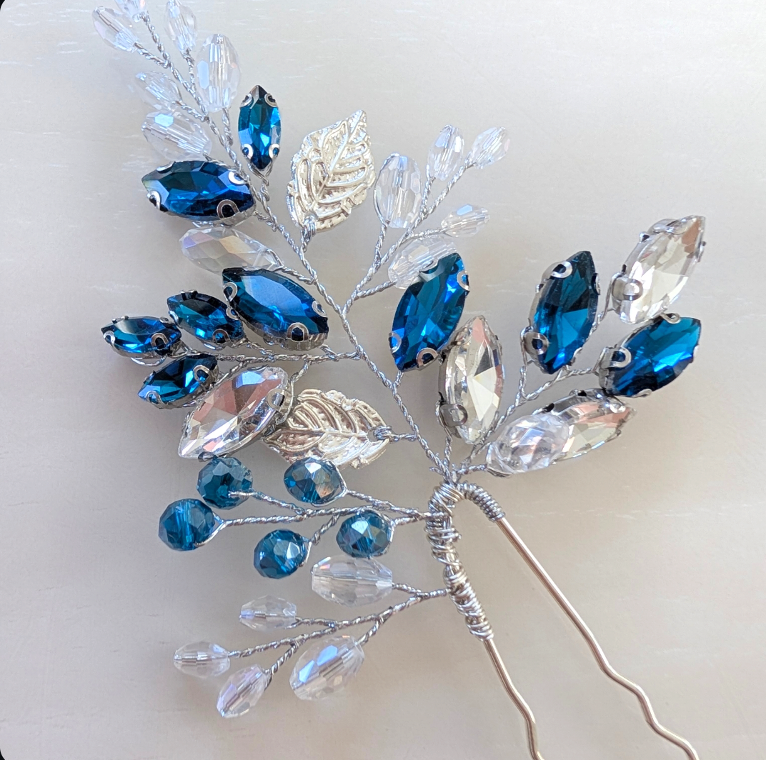 Teal Crystal Hair Pin with silver leaves