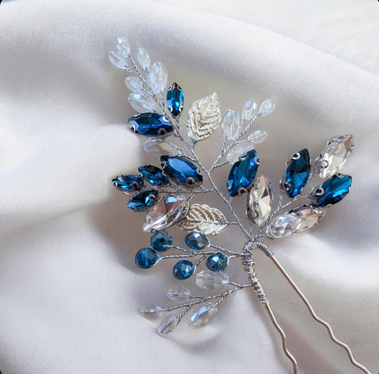 Teal Crystal Hair Pin with silver leaves