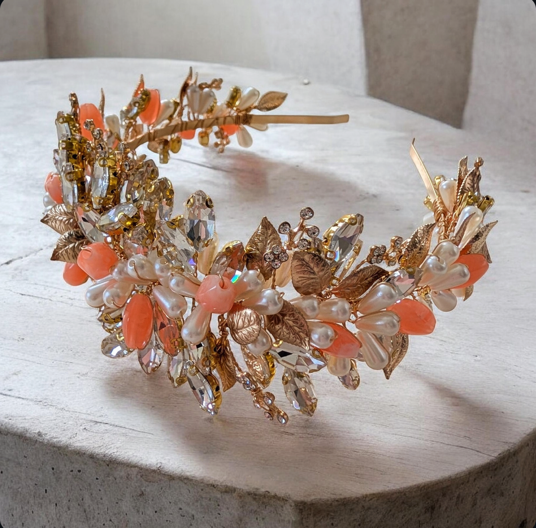 Gold Bridal Headband with Peach Accents