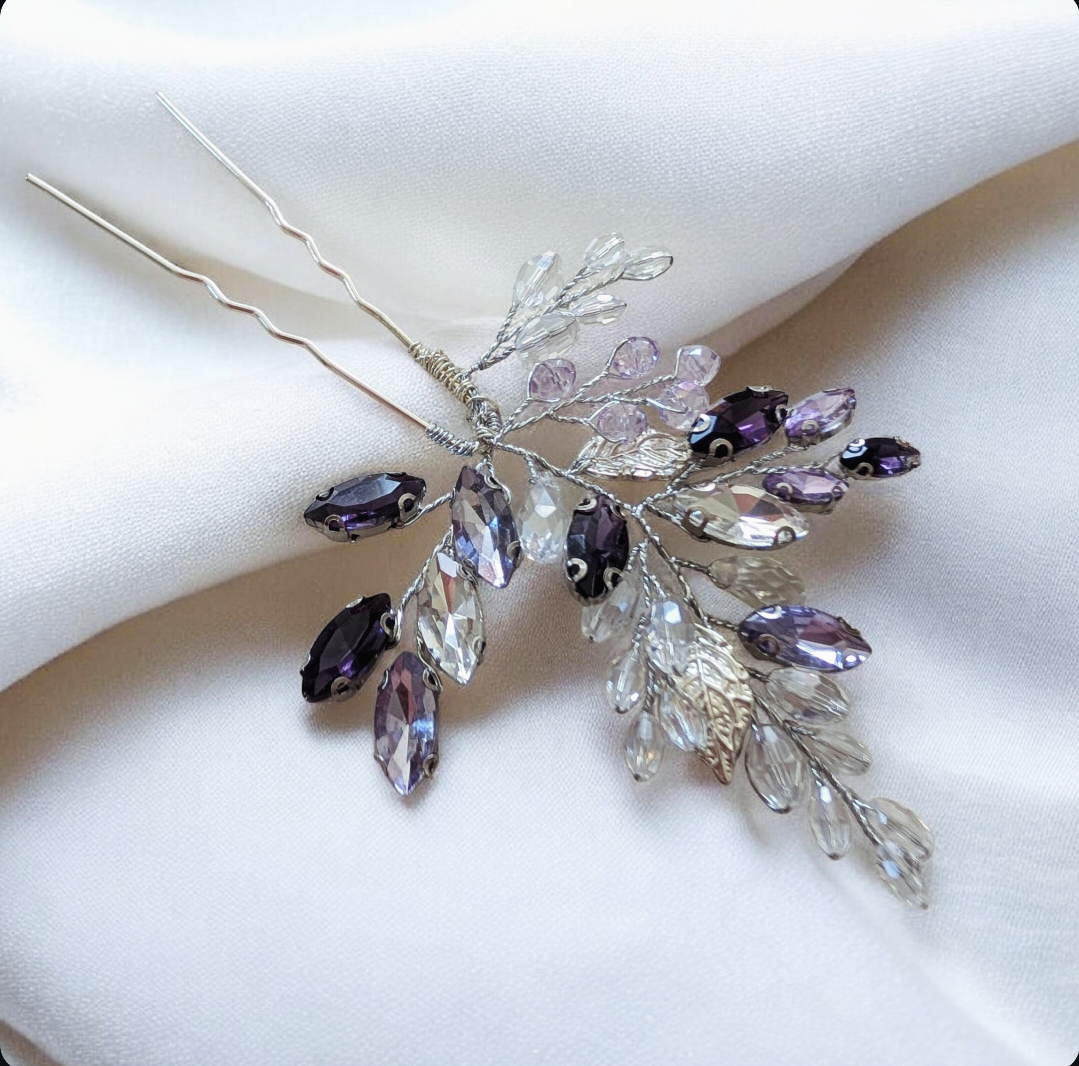Silver Leaf Hair Pin with Lilac & Purple Crystals