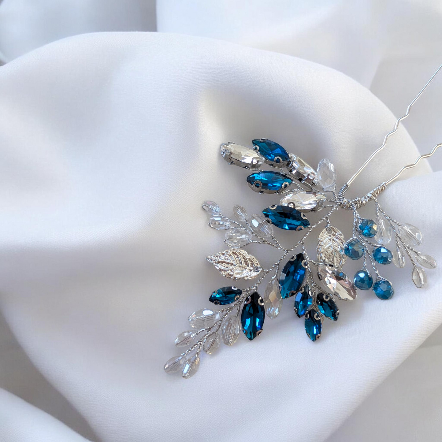 Teal Crystal Hair Pin with silver leaves