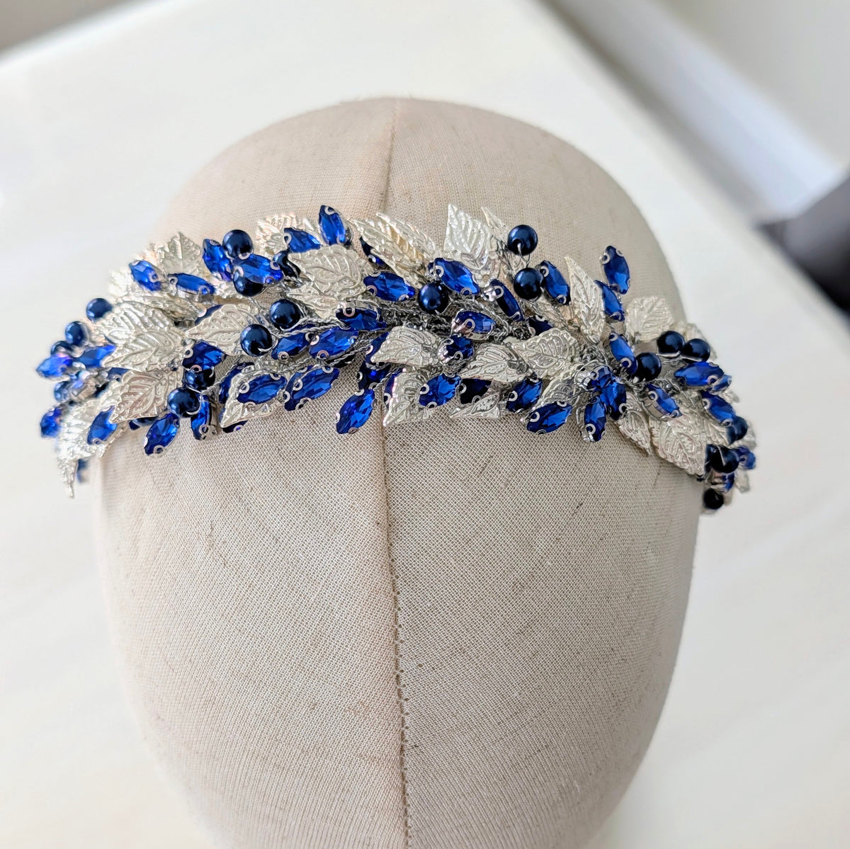 Silver leaf and blue crystal headband