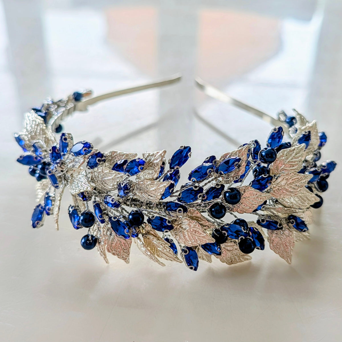 Silver leaf and blue crystal headband