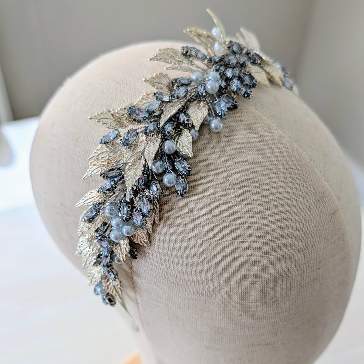 Pale Blue Crystal & Pearl Bridal Headband with Silver Leaves