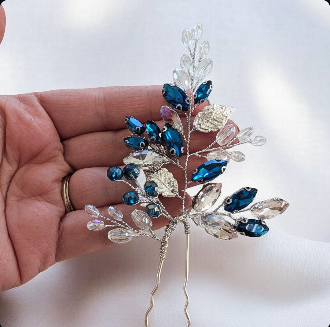 Teal Crystal Hair Pin with silver leaves