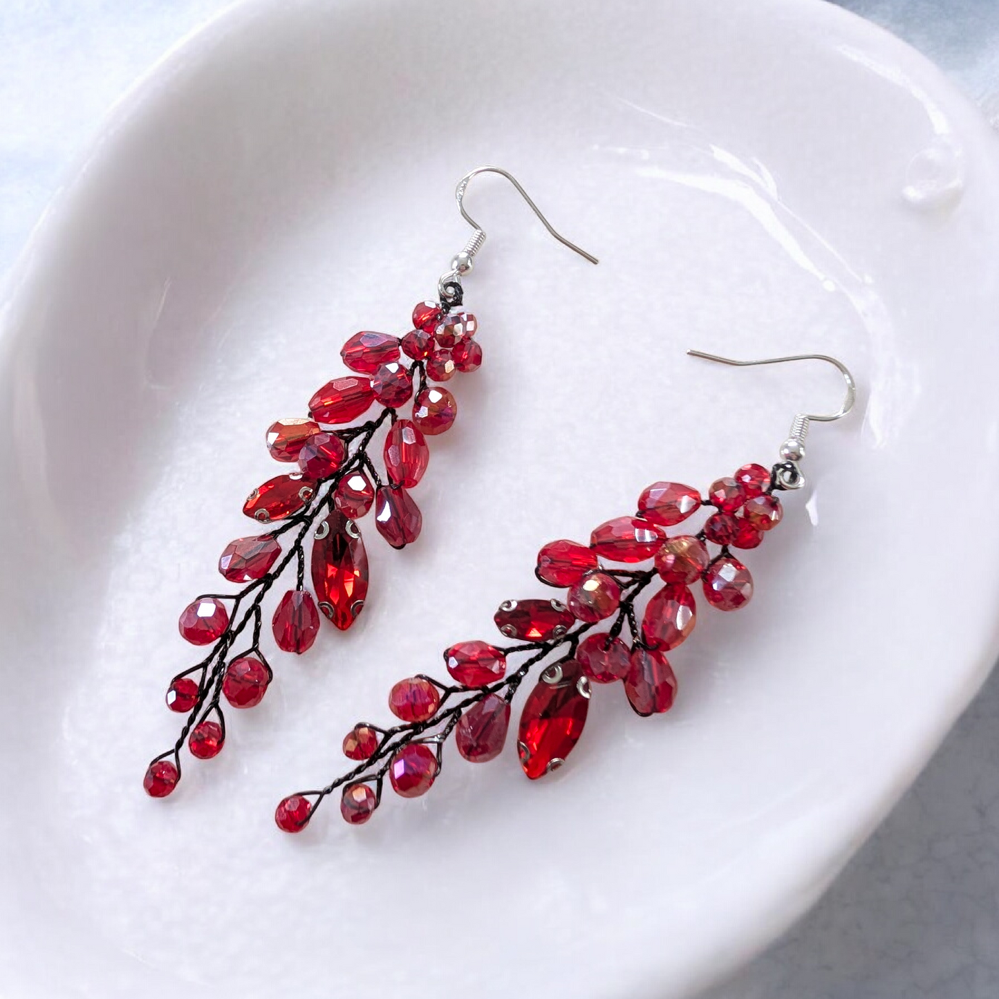 Red Crystal Earrings with Black Wire