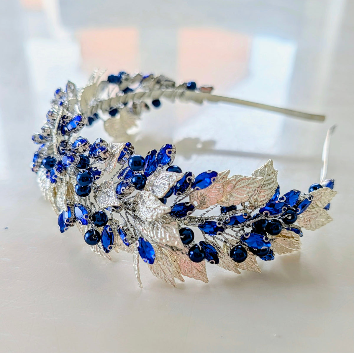 Silver leaf and blue crystal headband