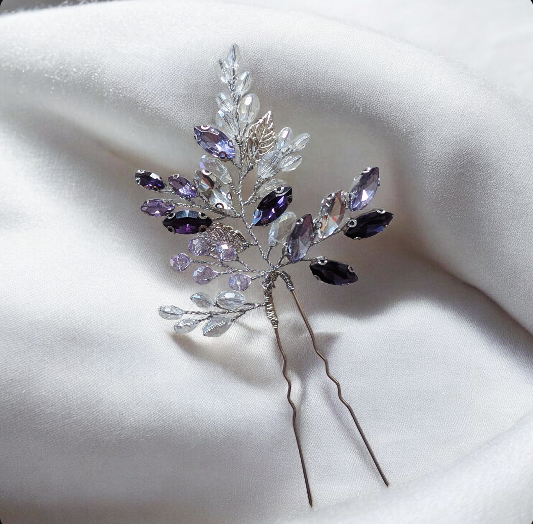 Silver Leaf Hair Pin with Lilac & Purple Crystals