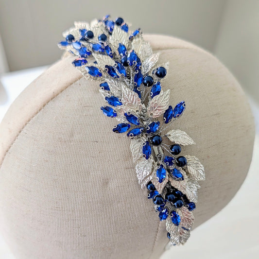 Silver leaf and blue crystal headband