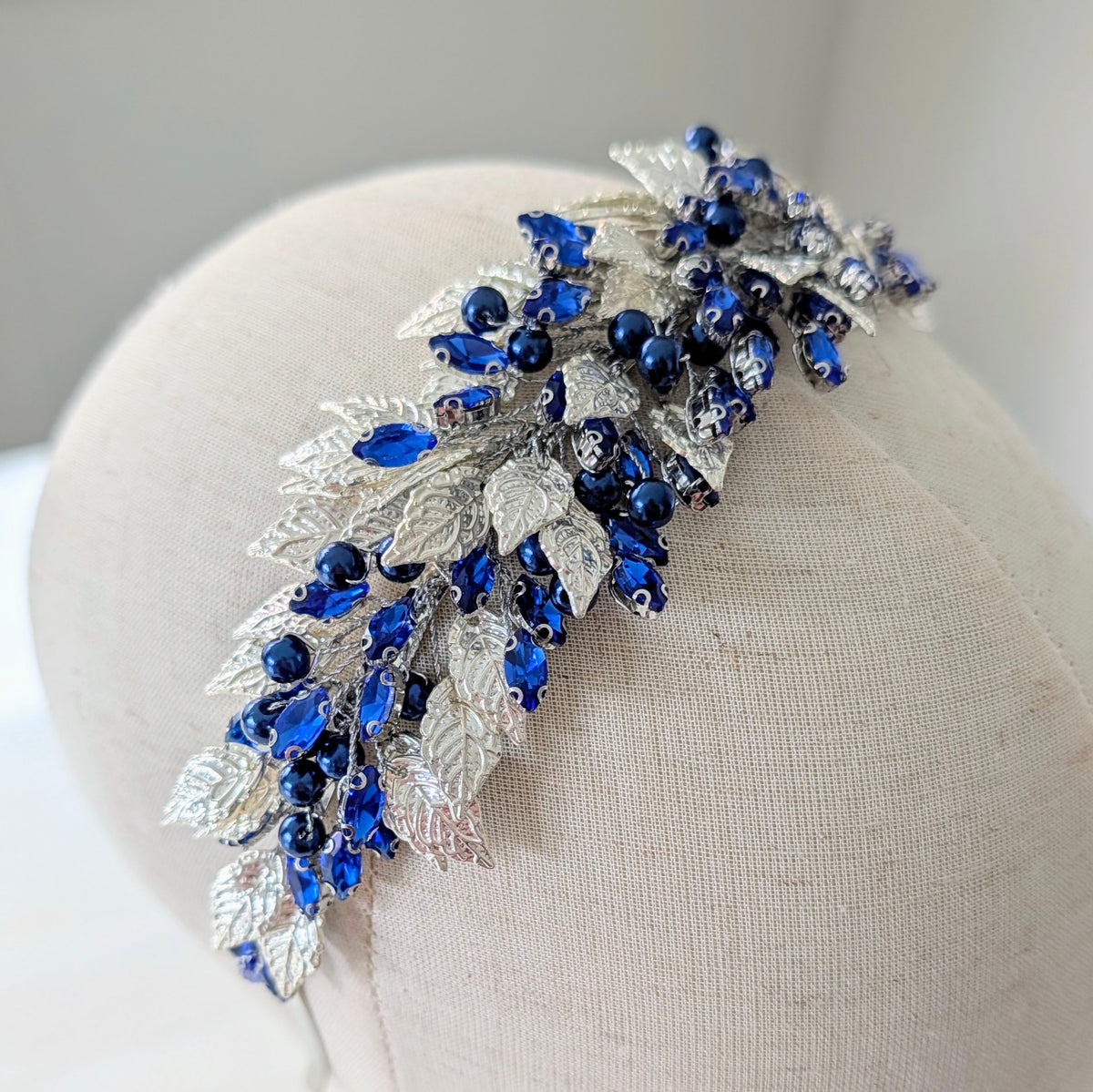 Silver leaf and blue crystal headband