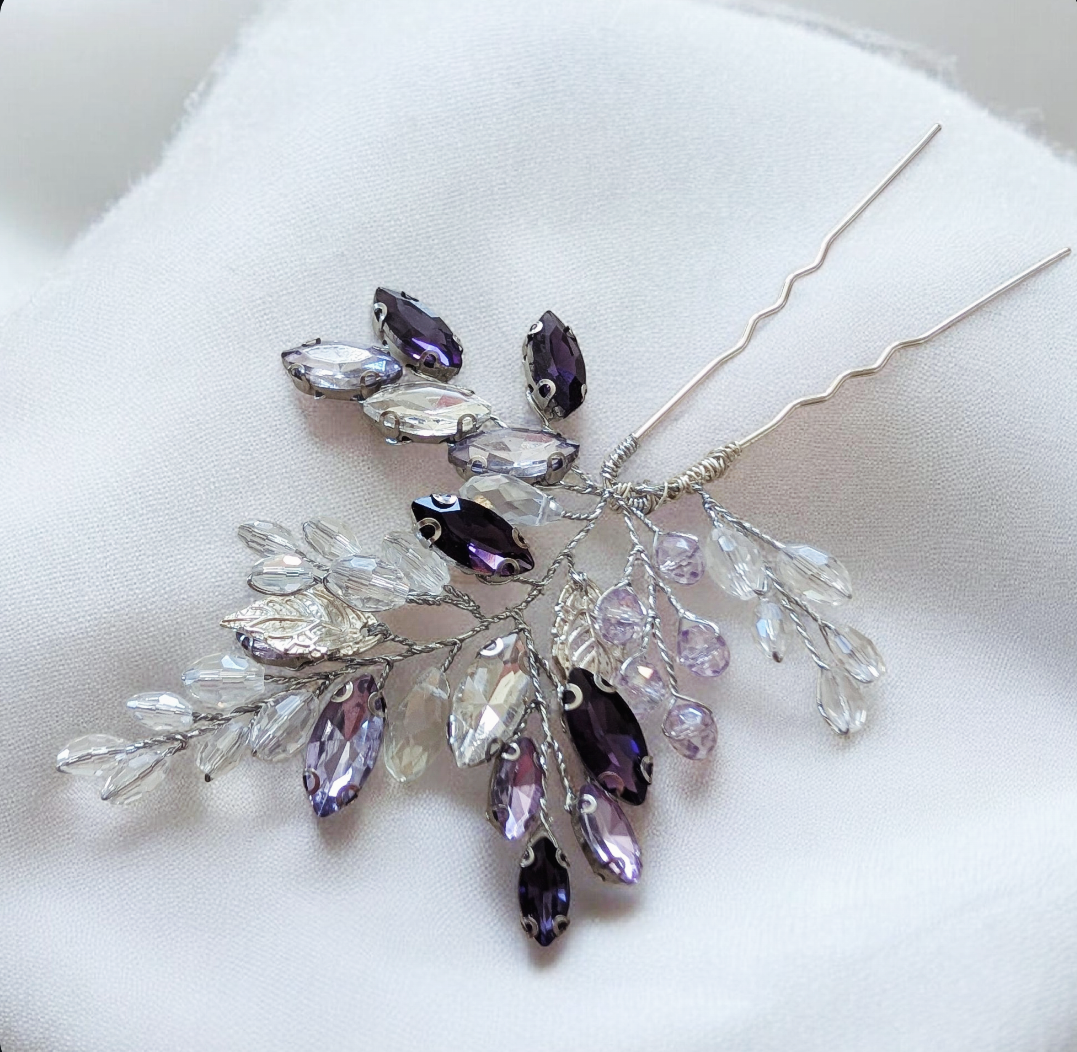 Silver Leaf Hair Pin with Lilac & Purple Crystals