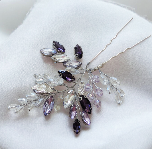 Silver Leaf Hair Pin with Lilac & Purple Crystals