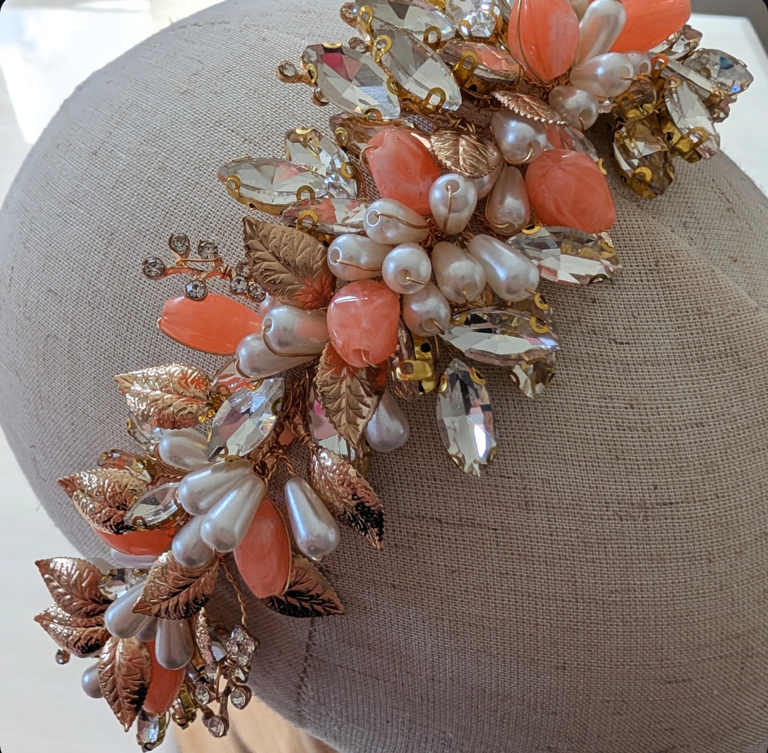 Gold Bridal Headband with Peach Accents