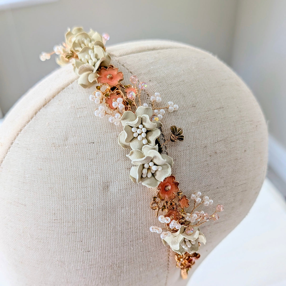 Ivory & Peach Floral Bridal Headband