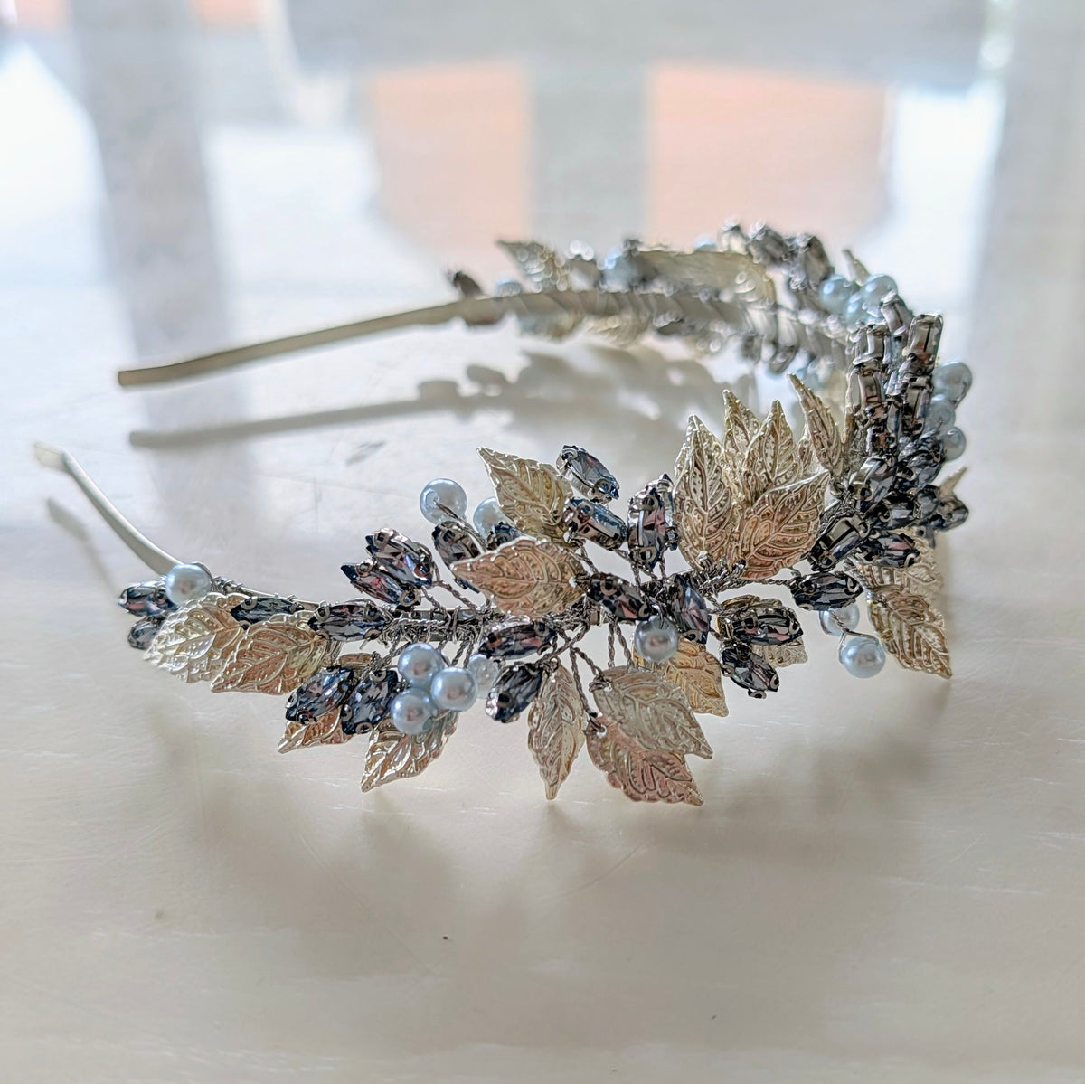 Pale Blue Crystal & Pearl Bridal Headband with Silver Leaves