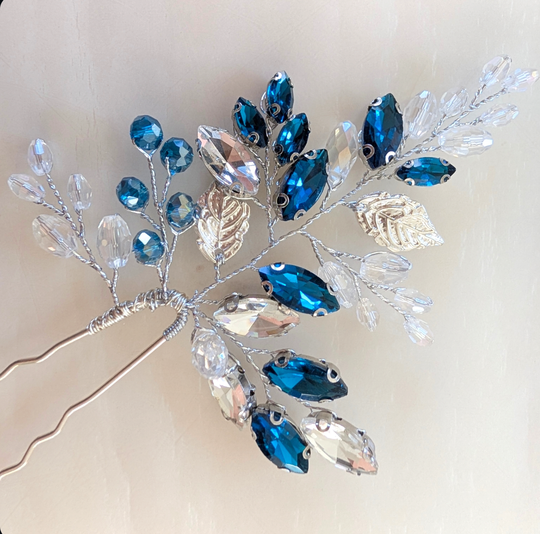 Teal Crystal Hair Pin with silver leaves