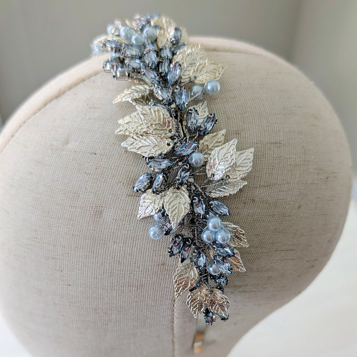 Pale Blue Crystal & Pearl Bridal Headband with Silver Leaves