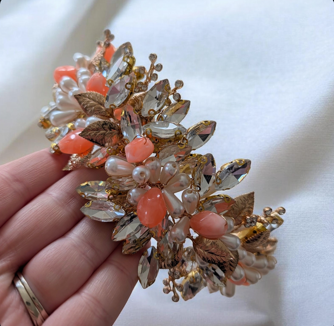 Gold Bridal Headband with Peach Accents