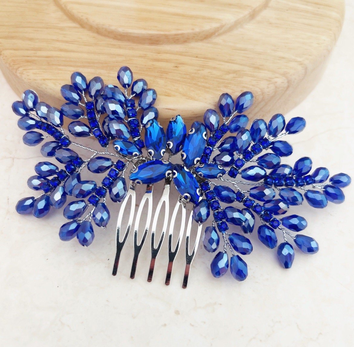 Royal blue bow crystal hair comb - Petal & Pearl